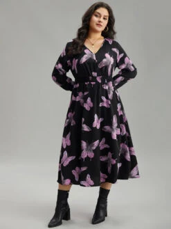 Butterfly Print Pocket Shirred Cuffs Dress -Bloomchic Shop 275511299 fx