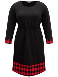 Plaid Patchwork Round Neck Elastic Waist Dress -Bloomchic Shop 275840517 ke