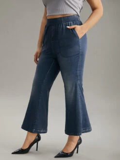 Denim Effect Prin Elastic Waist Flare Leg Leggings 12 Denim Effect Prin Elastic Waist Flare Leg Leggings -Bloomchic Shop 275912597 bg