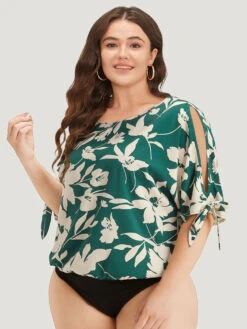 Silhouette Floral Print Knotted Cut Out Round Neck Bodysuit -Bloomchic Shop 276196133 io