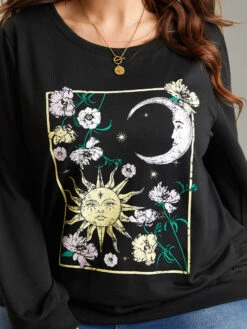 Horoscope Print Rib Knit Round Neck Sweatshirt -Bloomchic Shop 277070152 ap