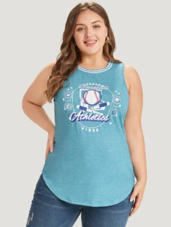 Baseball & Letter Print Arc Hem Contrast Trim Tank Top -Bloomchic Shop 277118363 ym