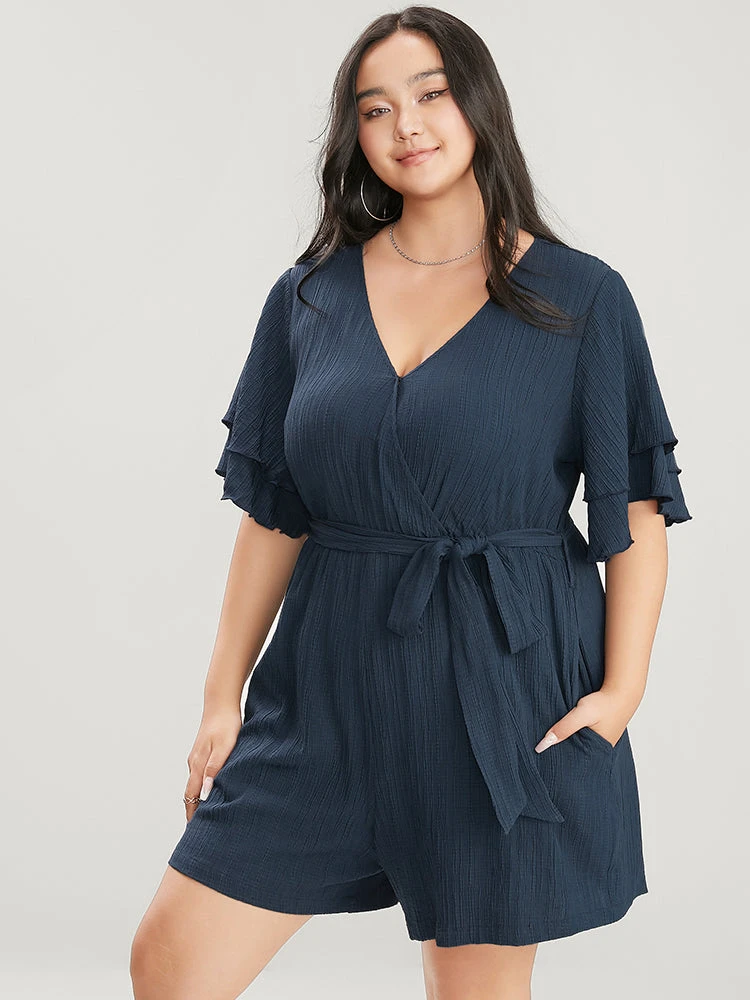Plain Surplice Neck Ruffle Sleeve Pocket Belted Romper 7 Plain Surplice Neck Ruffle Sleeve Pocket Belted Romper - Image 5