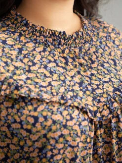 Ditsy Floral Shirred Ruffle Trim Blouse -Bloomchic Shop 278132361 dw