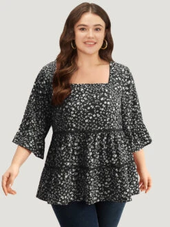 Silhouette Floral Print Lace Patchwork Square Neck Flutters Blouse -Bloomchic Shop 279898932 uz