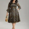 Leopard Glitter Bell Sleeve Mesh Dress