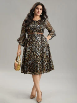 Leopard Glitter Bell Sleeve Mesh Dress