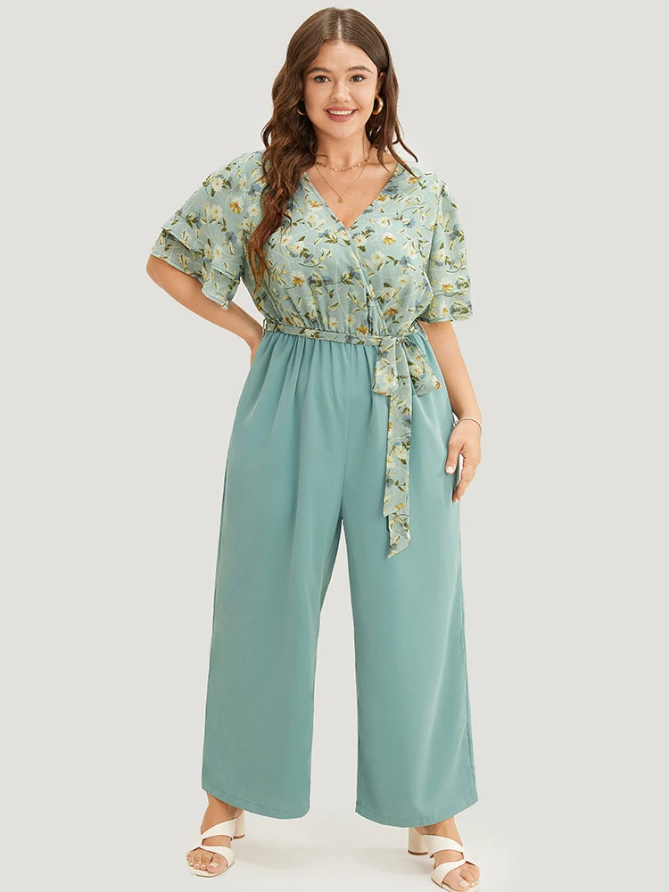 Floral Tiered Sleeve Belt Ruffle Pocket Wrap Jumpsuit 3 Floral Tiered Sleeve Belt Ruffle Pocket Wrap Jumpsuit