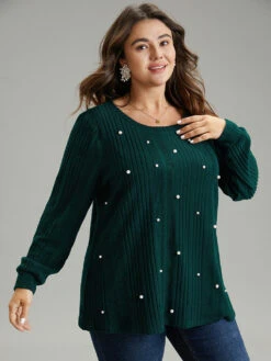 Plain Rib Knit Pearl Beaded Sweatshirt -Bloomchic Shop 28105226 ht