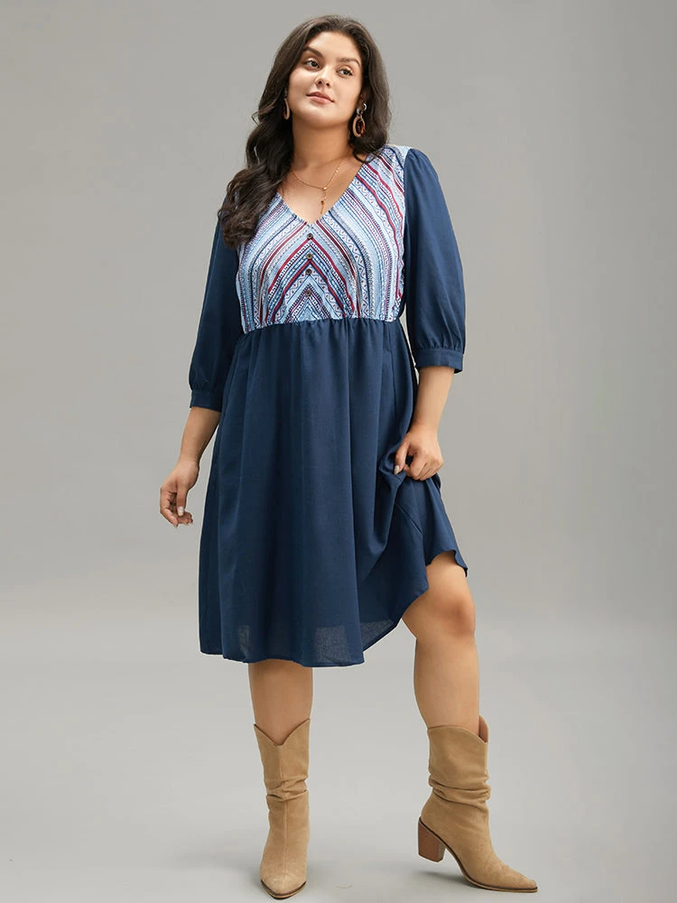 Boho Print Striped Patchwork Lantern Sleeve Dress 7 Boho Print Striped Patchwork Lantern Sleeve Dress - Image 5