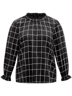 Plaid Stand Collar Ruffles Lantern Sleeve Blouse -Bloomchic Shop 283015860 tg