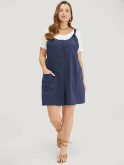 Solid Pocket Button Detail Knot Shoulder Overall Romper -Bloomchic Shop 283434554 ua 4d520e70 628a 41f8 a29d d2af824bfa4c