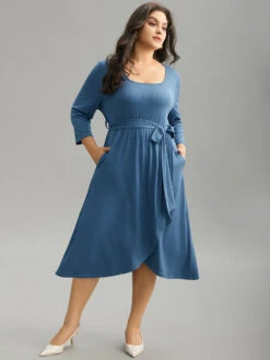 Plain Square Neck Arc Hem Belted Wrap Dress -Bloomchic Shop 284230470 yf