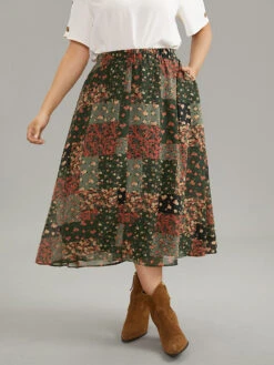 Ditsy Floral Colorblock Contrast Chiffon Skirt