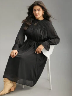 Plain Pleated Stand Collar Shirred Ruffles Dress -Bloomchic Shop 28544314 cn