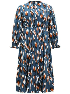 Allover Print Stand Collar Pocket Ruffles Dress -Bloomchic Shop 285949300 in