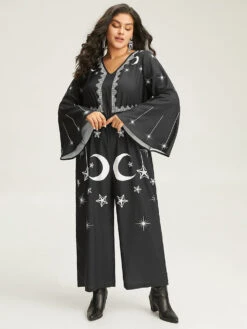 Halloween Moon & Star Elastic Waist Bell Sleeve Jumpsuit -Bloomchic Shop 28675759 or