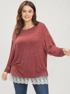 Solid Round Neck Lace Hem Long Tee -Bloomchic Shop 286863159 ak