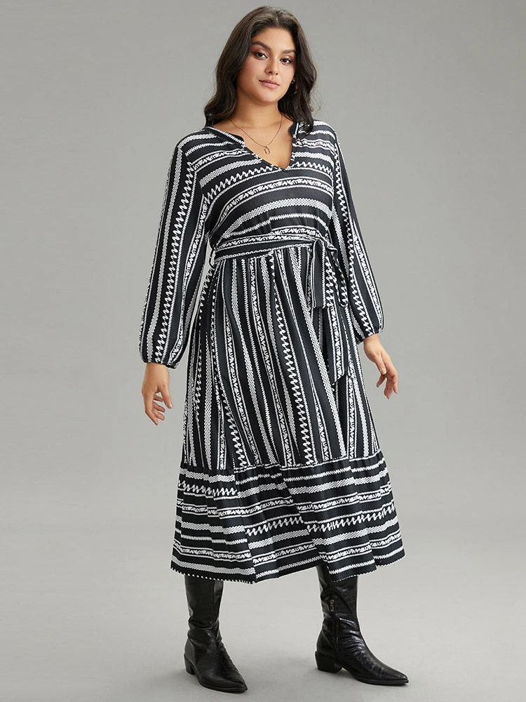 Striped Notched Belted Lantern Sleeve Dress 4 Striped Notched Belted Lantern Sleeve Dress - Image 2