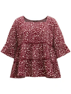 Silhouette Floral Print Lace Patchwork Square Neck Flutters Blouse -Bloomchic Shop 289348571 sf
