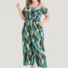Tropical Cold Shoulder Pocket Belted Ruffle Trim Jumpsuit -Bloomchic Shop 290230282 nd