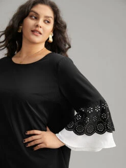 Anti-Wrinkle Laser Cut Contrast Ruffles Blouse -Bloomchic Shop 290548409 xp