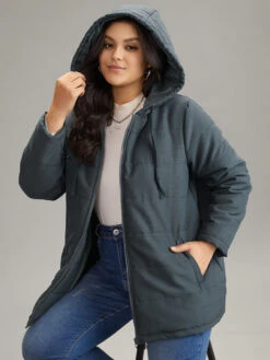 Hooded Drawstring Quilted Pocket Zipper Fly Coat