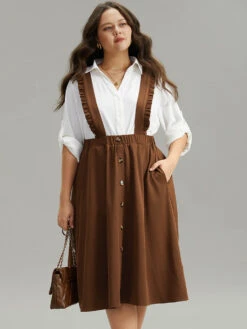 Elastic Waist Button Detail Frill Trim Overall Skirt