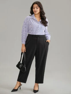 Plain Elastic Waist Pleated Button Detail Pants -Bloomchic Shop 292404723 qf