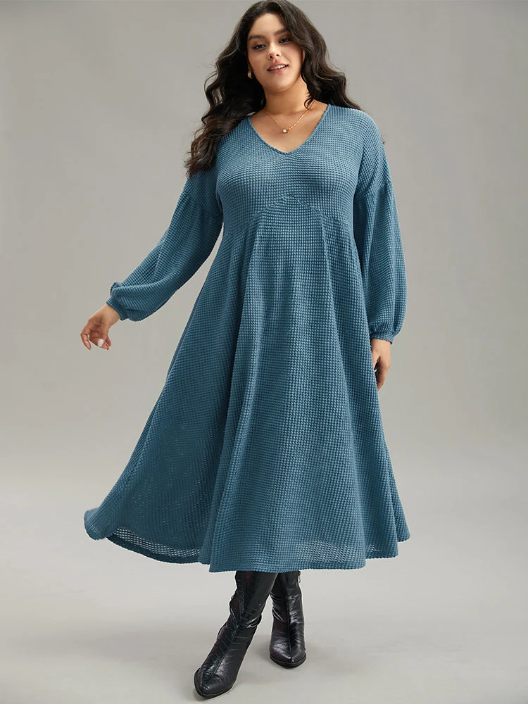 Solid Waffle Knit Pocket Lantern Sleeve Dress 4 Solid Waffle Knit Pocket Lantern Sleeve Dress - Image 2