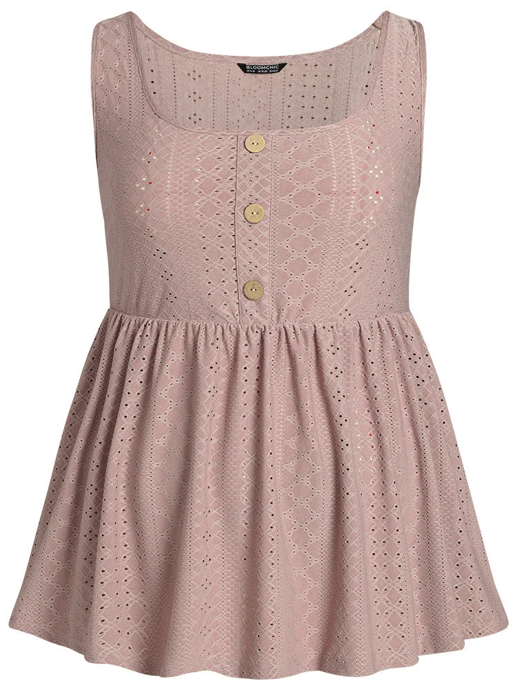 Plain Broderie Anglaise Gathered Button Detail Tank Top 9 Plain Broderie Anglaise Gathered Button Detail Tank Top - Image 7