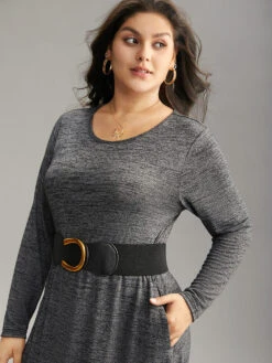 Plain Heather Metal Buckle Detail Dress With Belt -Bloomchic Shop 294890672 ft