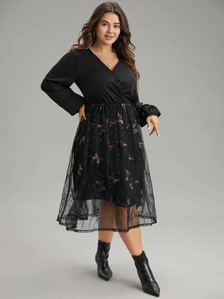 Butterfly Patchwork Lace Mesh Wrap Sequin Dress 3 Butterfly Patchwork Lace Mesh Wrap Sequin Dress