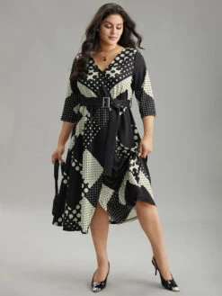 Polka Dot Geometric Print Belted Wrap Dress
