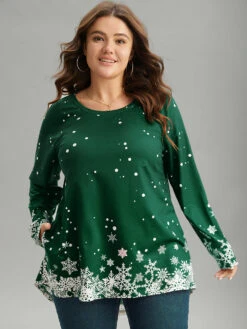 Christmas Snowflake Raglan Sleeve High Low Hem T-shirt -Bloomchic Shop 296358699 gi