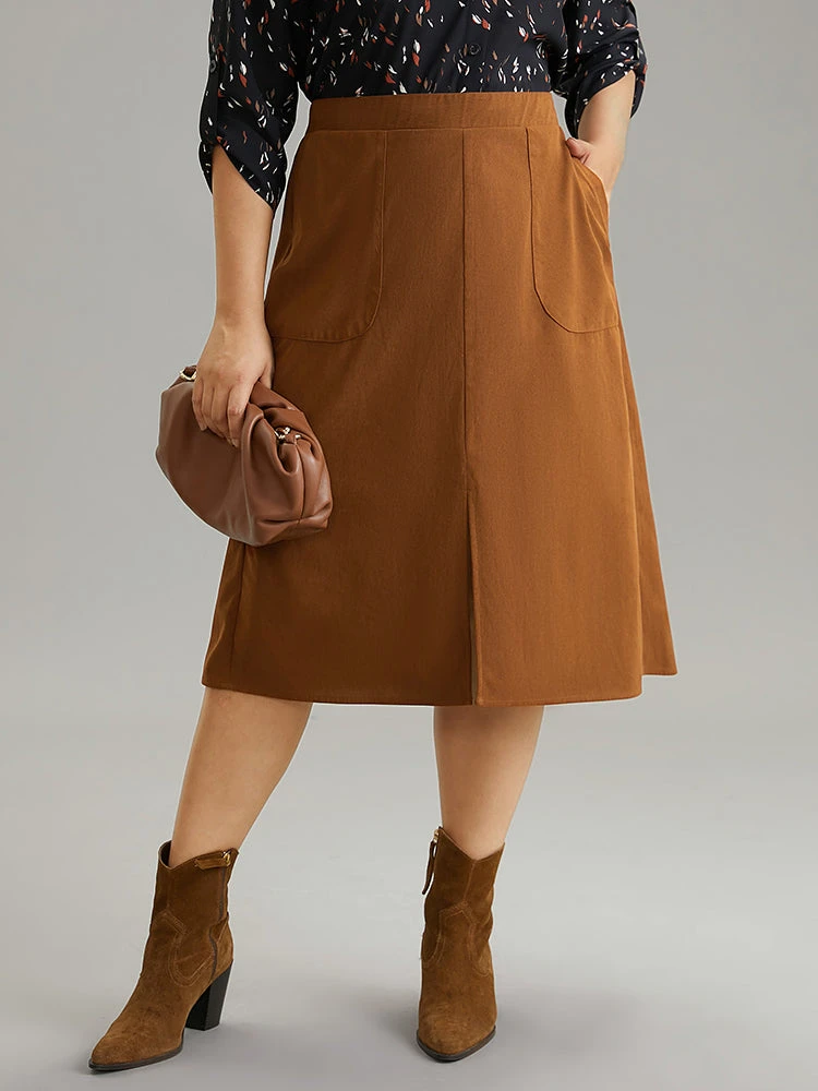 Plain Texture Elastic Waist Pocket Split Front Skirt 3 Plain Texture Elastic Waist Pocket Split Front Skirt