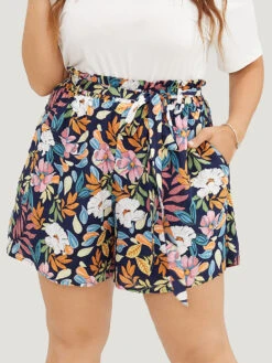 Tropical Print Paperbag Waist Pocket Belt Shorts