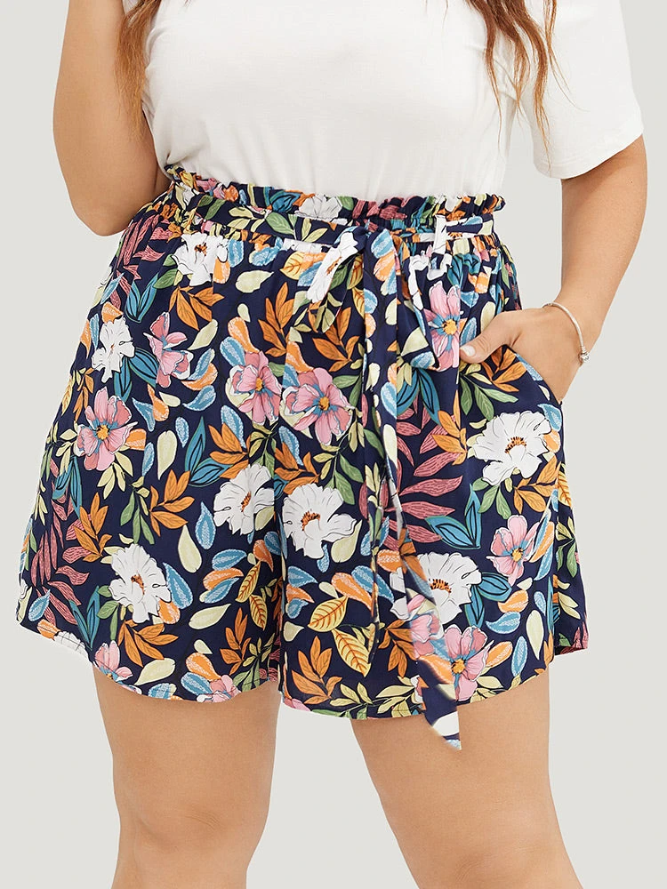 Tropical Print Paperbag Waist Pocket Belt Shorts 3 Tropical Print Paperbag Waist Pocket Belt Shorts
