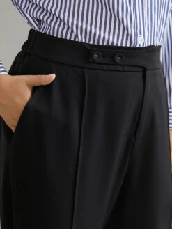 Plain Elastic Waist Pleated Button Detail Pants -Bloomchic Shop 297160705 yz