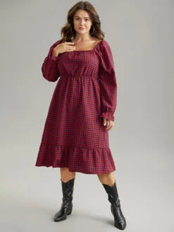 Gingham Square Neck Shirred Gathered Ruffles Dress -Bloomchic Shop 297400615 ca