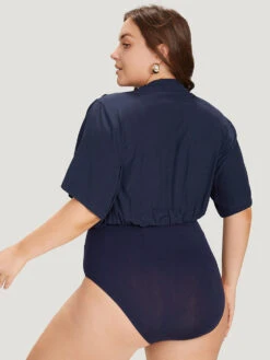 Solid Overlap Collar Pleated Bodysuit -Bloomchic Shop 297957816 vi