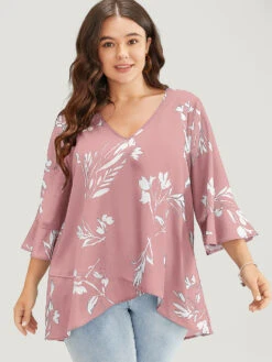 Floral Asymmetrical Hem Ruffle Trim Flounce Sleeve Blouse -Bloomchic Shop 298313284 xz 7bd15945 4a34 41d2 a59e c6a8c689084f