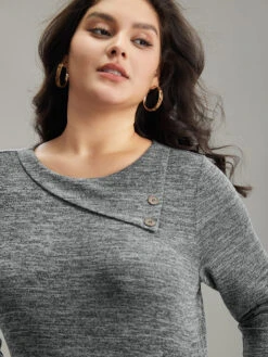 Solid Heather Button Detail Pocket Gathered Dress -Bloomchic Shop 298413752 vl