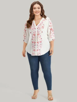 Floral Print Button Detail Notched Lantern Sleeve Blouse -Bloomchic Shop 298897753 rm