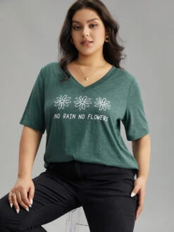 Natural & Letter Graphic V Neck T-shirt -Bloomchic Shop 298908578 gq