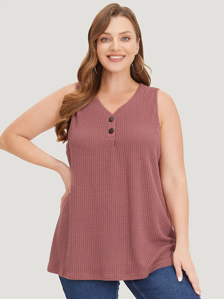 Waffle Knit Button Detail Plicated Detail Tank Top 4 Waffle Knit Button Detail Plicated Detail Tank Top - Image 2