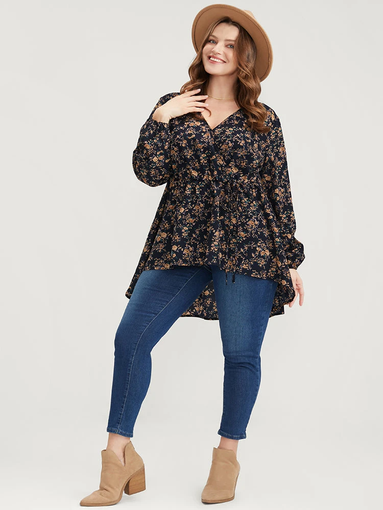 Floral Wrap Lantern Sleeve High Low Hem Blouse Without Hat 5 Floral Wrap Lantern Sleeve High Low Hem Blouse Without Hat - Image 3