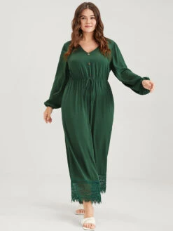 Plain Pocket Button Lantern Sleeve Lace Hem Tie Jumpsuit -Bloomchic Shop 2 b1b32858 dbb9 40ec 9c8f 4cb789cdcd59