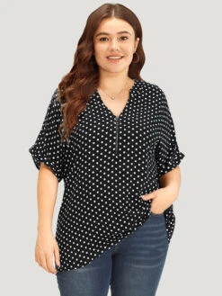Polka Dot Zipper Notched Dolman Sleeve Blouse -Bloomchic Shop 30011510 wp