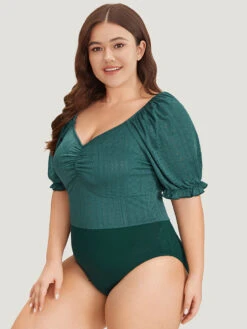 Plain Cut Out Ruched Puff Sleeve Bodysuit -Bloomchic Shop 300874463 fx